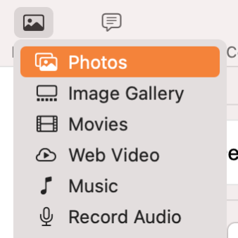 To include a photo on Pages on Mac, select Photos or a different kind of media from the dropdown menu.