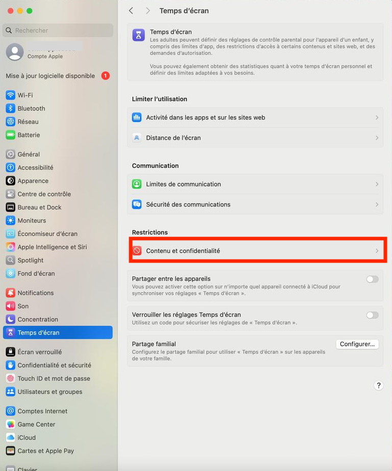 Un screenshot des premières étapes pour vérifier les restrictions sur Mac, affichant le Temps d'écran défini puis menant l'utilisateur à la section Contenu et confidentialité Un screenshot des premières étapes pour vérifier les restrictions sur Mac, affichant le Temps d'écran défini puis menant l'utilisateur à la section Contenu et confidentialité