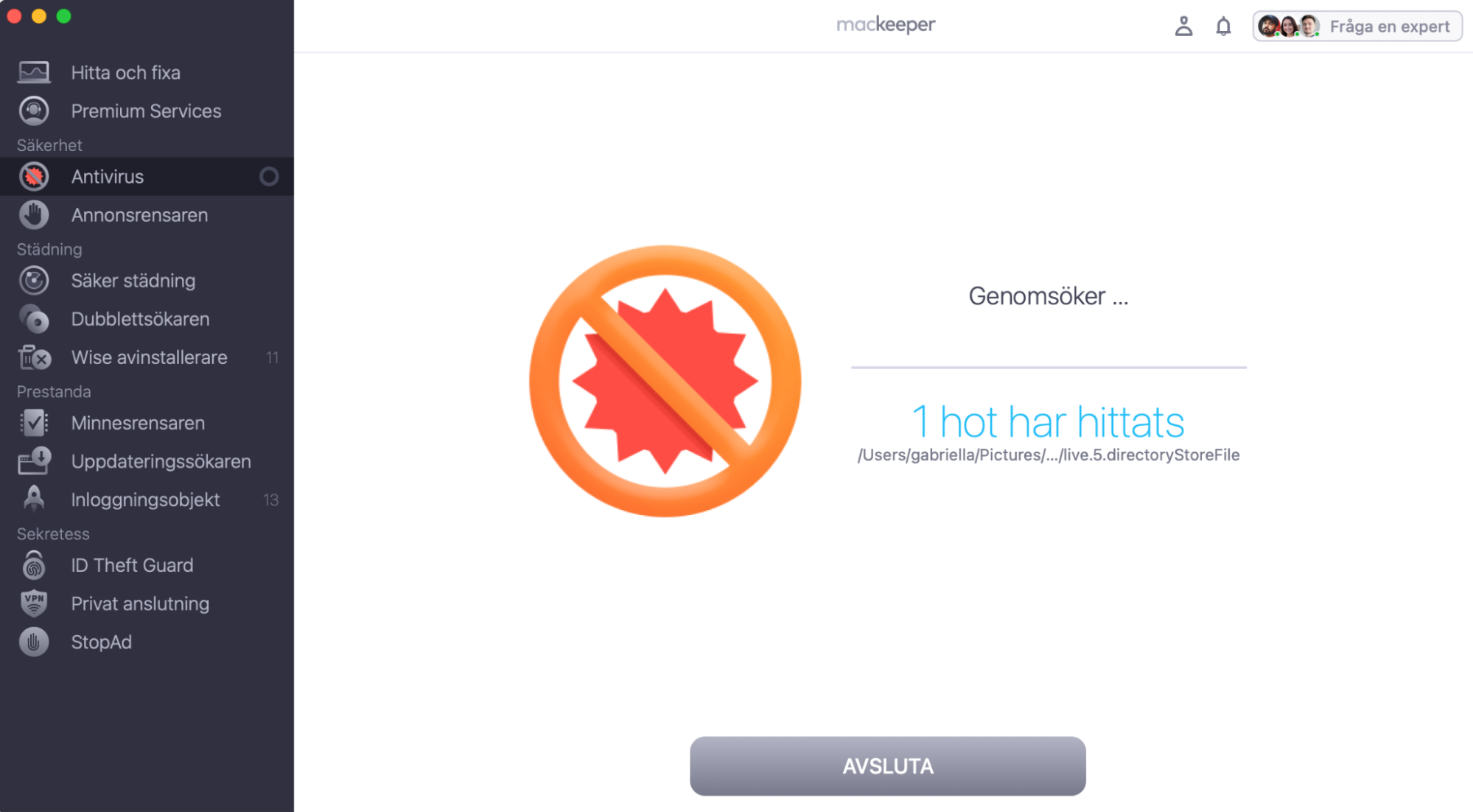 MacKeepers Antivirus-fönster visar förloppet för skanningen på din Mac. Vänta tills appen har avslutat skanningen.