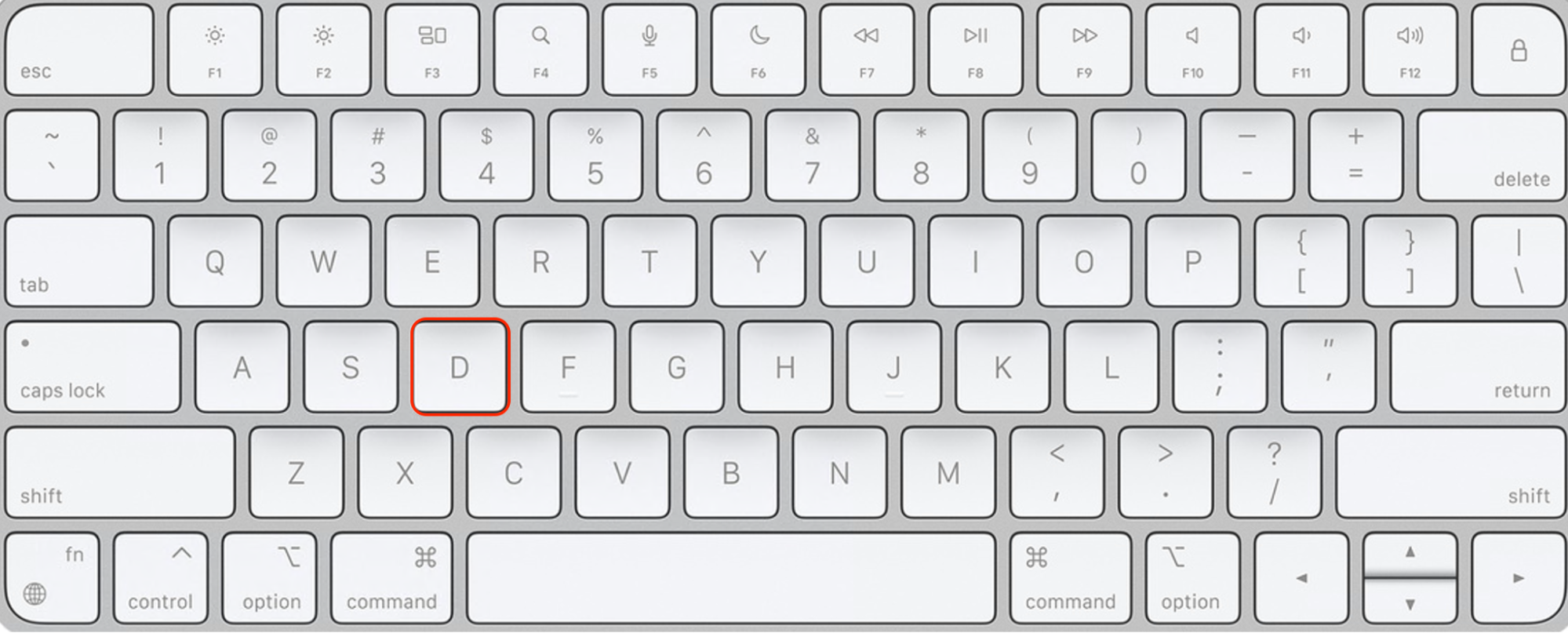 Una tastiera Mac con il tasto D evidenziato. Premi e tieni premuto questo tasto subito dopo aver acceso il Mac per eseguire Diagnosi Apple.