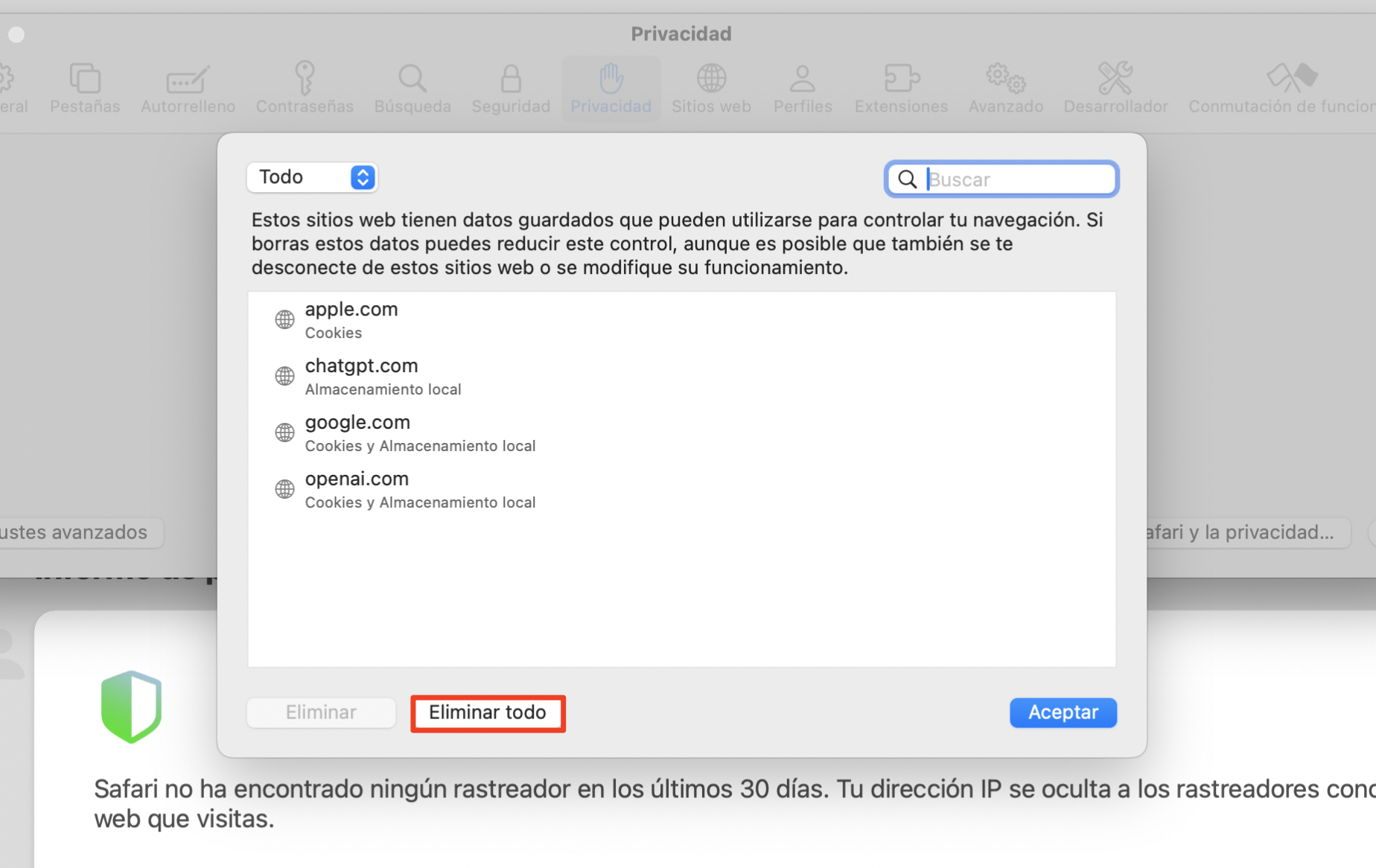 El cuadro de diálogo Gestionar datos de sitios web de Safari. Eliminar todo está resaltado. Cómo restablecer Safari, como parte de una guía sobre cómo eliminar las ventanas emergentes falsas de McAfee en Mac.
