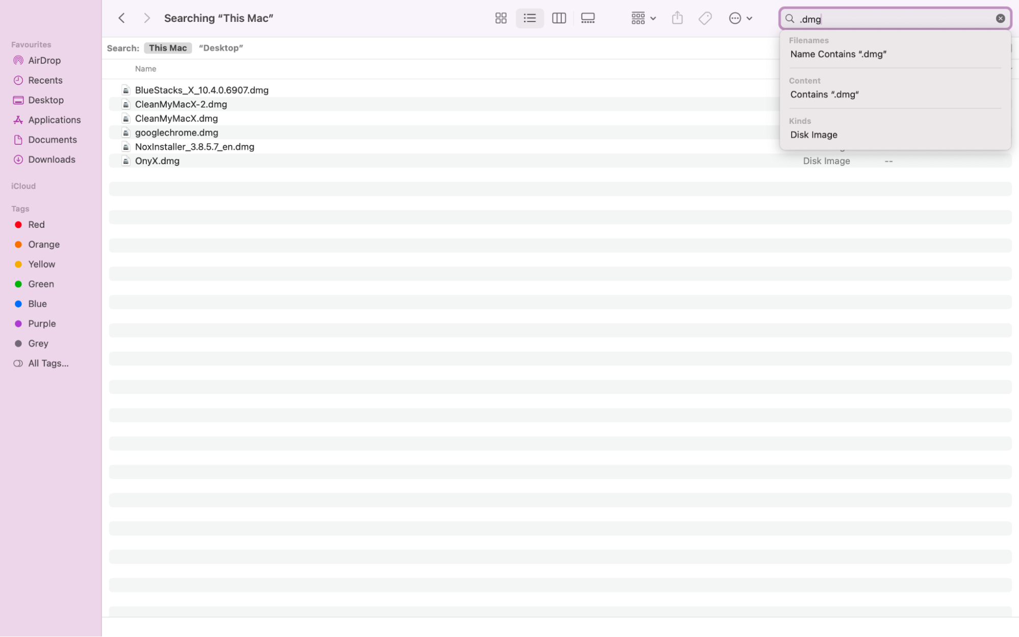 Typ in het zoekveld .zip of .dmg om schijfkopieën en archiefbestanden op de schijf van je Mac te zoeken. Zo kun je ongewenste schijfkopieën en archiefbestanden eenvoudig opsporen en verwijderen.