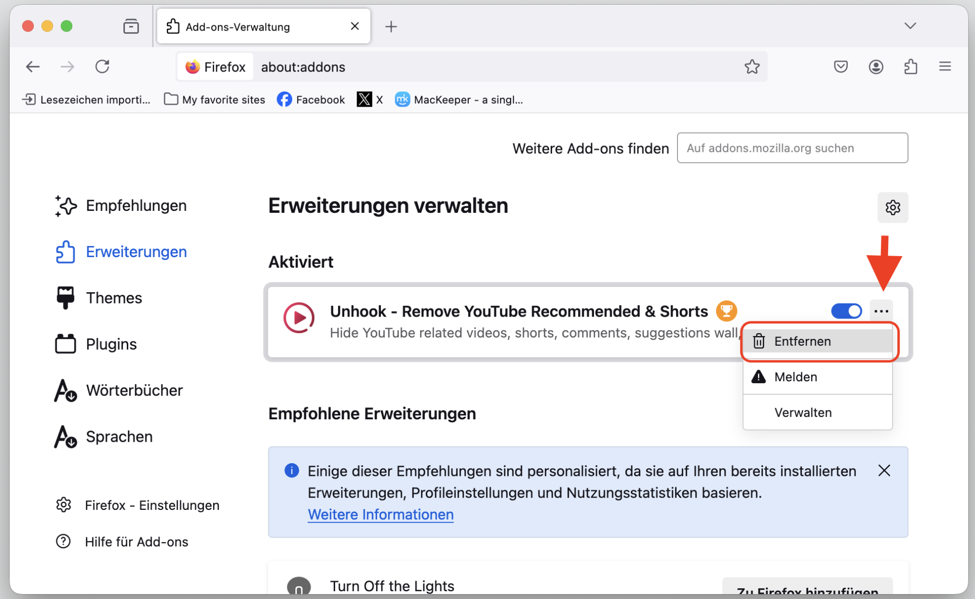 Fenster für Erweiterungen in Firefox mit geöffnetem Menü für eine Erweiterung. So entfernen Sie Erweiterungen, als Teil einer Anleitung, wie man gefälschte McAfee-Pop-ups auf dem Mac blockieren kann.
