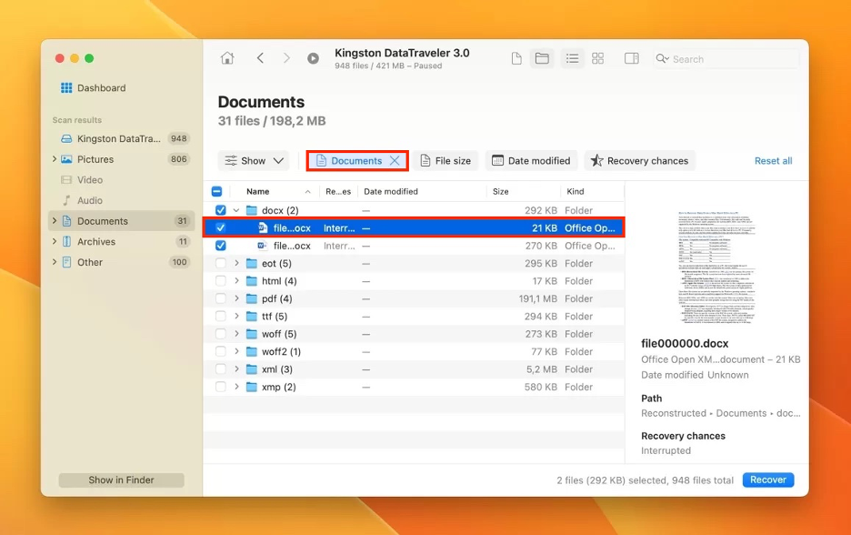 To find all files on Mac using Disk Drill, filter the results and click on the file(s) you want to restore.