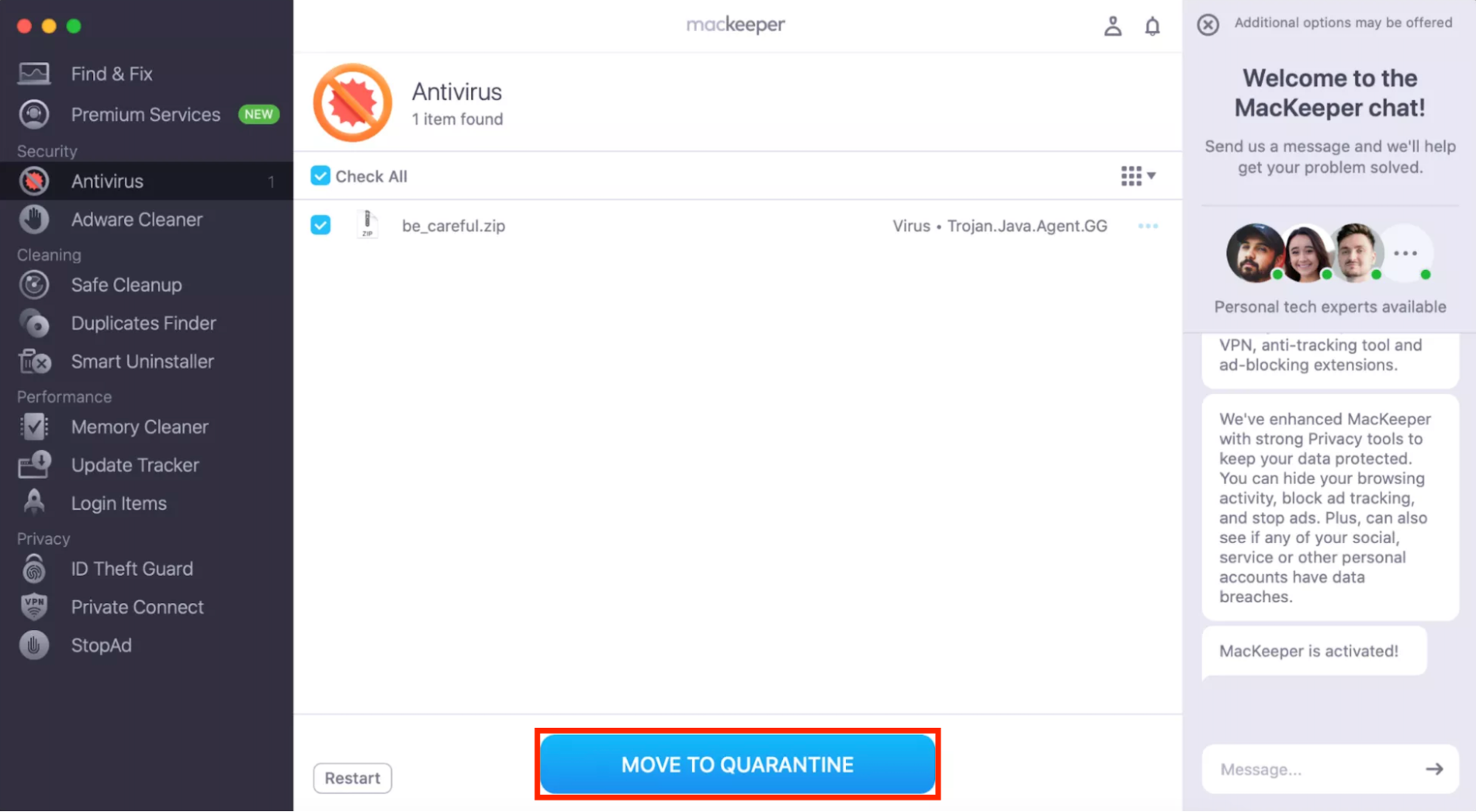 The built-in Antivirus tool in MacKeeper on Mac. If any threats are found on your Mac, you can remove them with MacKeeper's Antirivus now that Kaspersky is banned in the US.