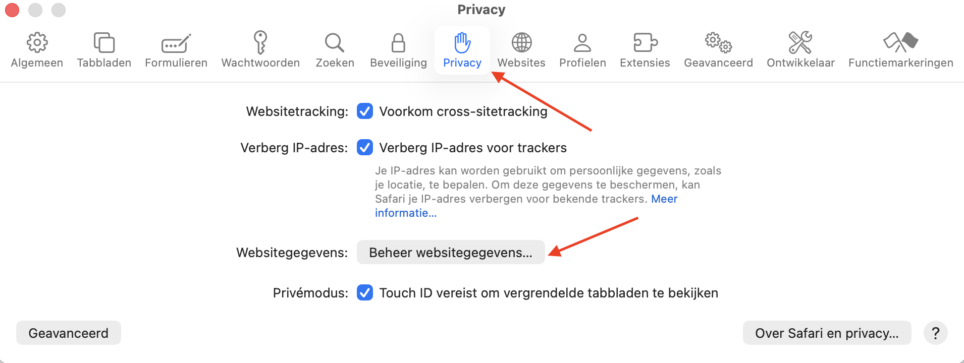 In Safari-instellingen op de Mac wordt het gedeelte Privacy weergegeven. Klik op Beheer websitegegevens om alle browsercachebestanden te wissen.