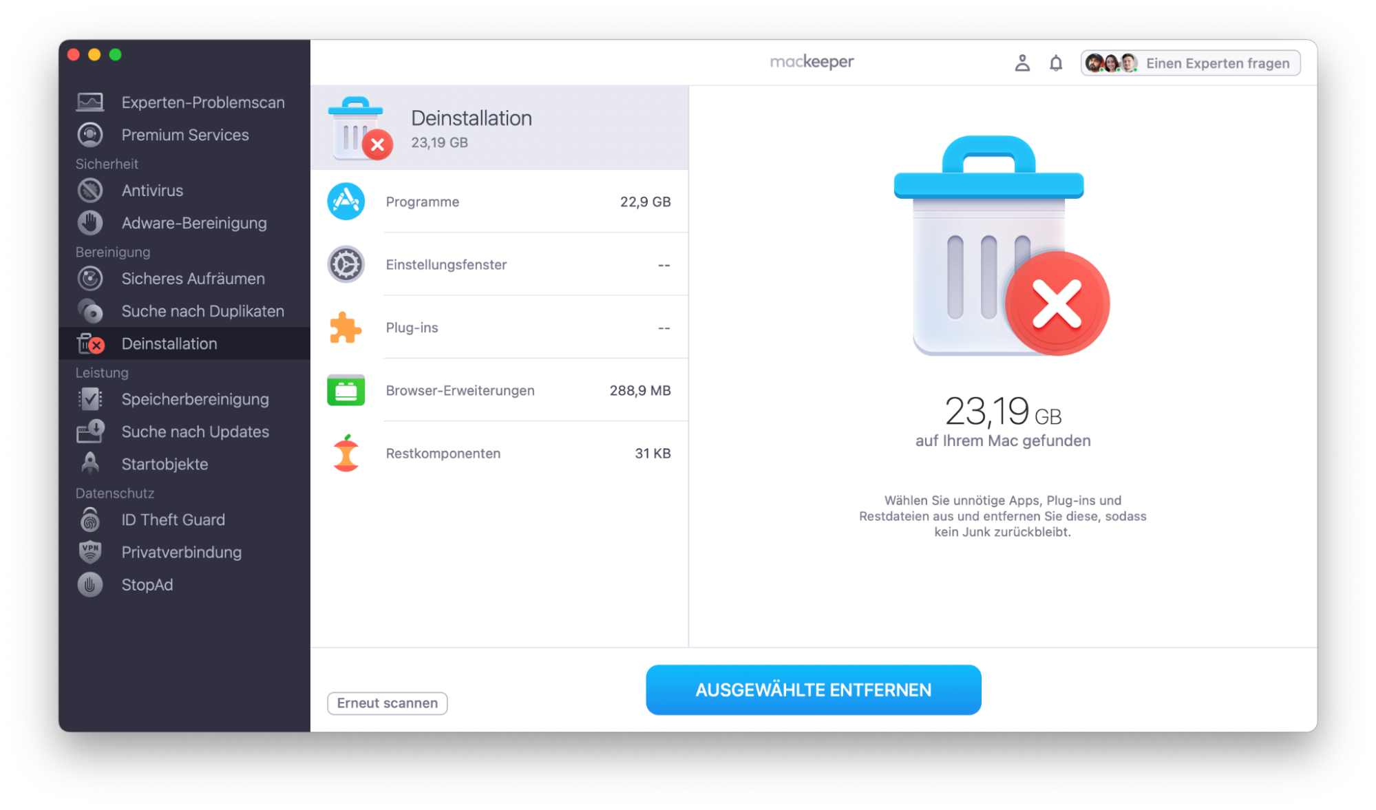 Sehen Sie sich die Liste der Elemente nach dem Scan an. Wählen Sie die Elemente aus, die Sie entfernen möchten, und klicken Sie auf Ausgewählte entfernen.