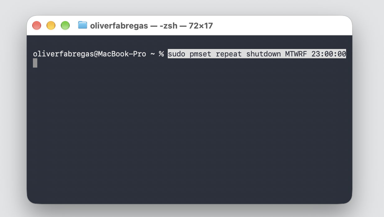 Terminal window on a MacBook with sudo pmset repeat shutdown MTWRF 23:00:00 typed to schedule an automatic weekday Mac shutdown at 11 PM.