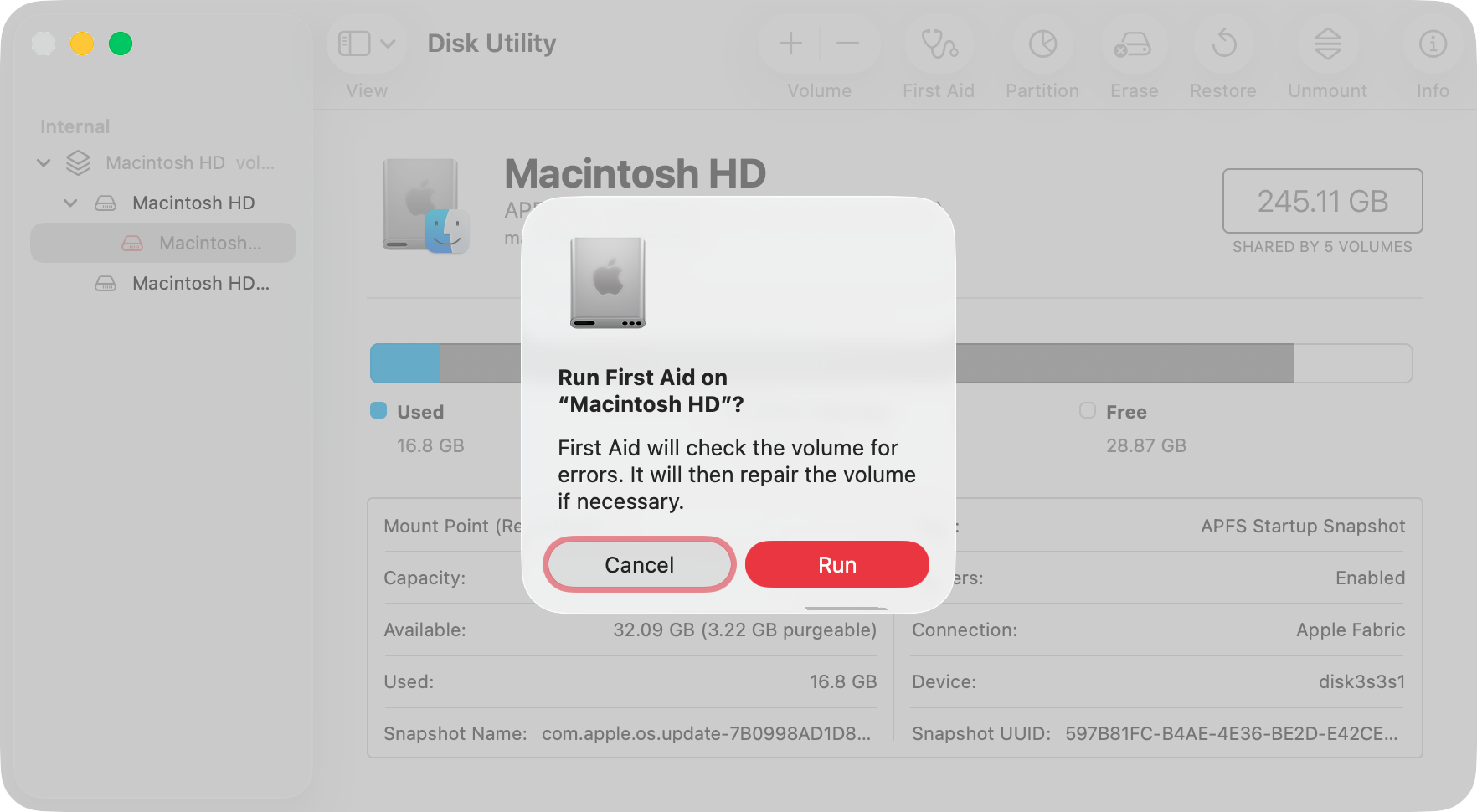 Disk Utility will bring up message, explaining what the First Aid function will do. Simply click the 'Run' button and let the tool do its work. Then try using your external drive again.