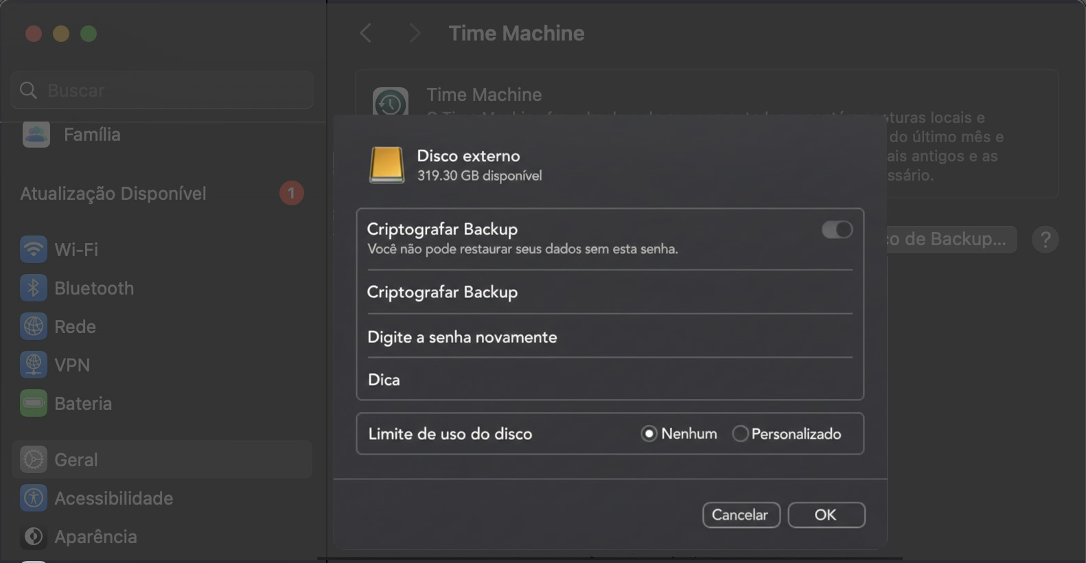 Você pode escolher se deseja ou não criptografar seu backup, caso em que será necessário definir uma senha. Finalize suas configurações e clique em OK.