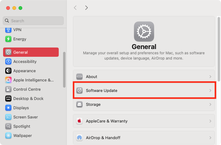 Error code 36 can sometimes be caused by an out-of-date Mac. You can check for new macOS updates in your System Settings. Go to General > Software Update.