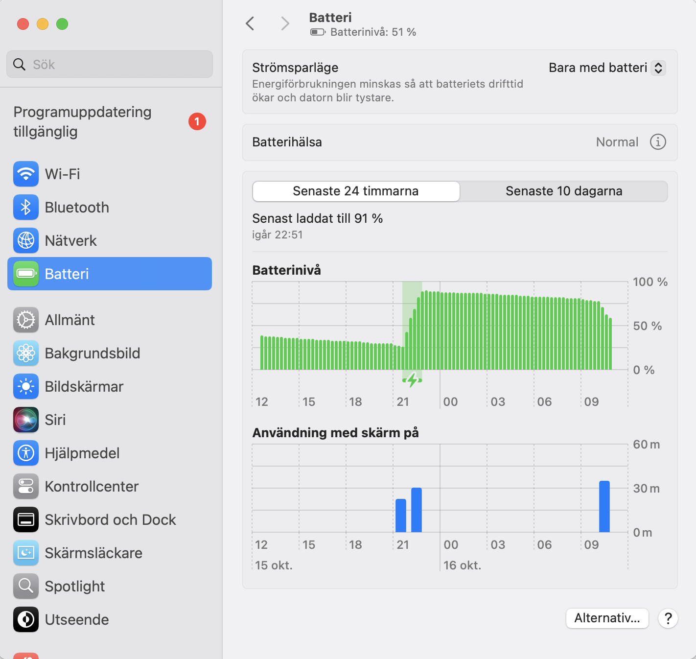 I dina Systeminställningar kan du ändra hur din Mac styr laddningen, vilket kan påverka värmen som batteriet alstrar. Klicka på ⓘ bredvid Batterihälsa.