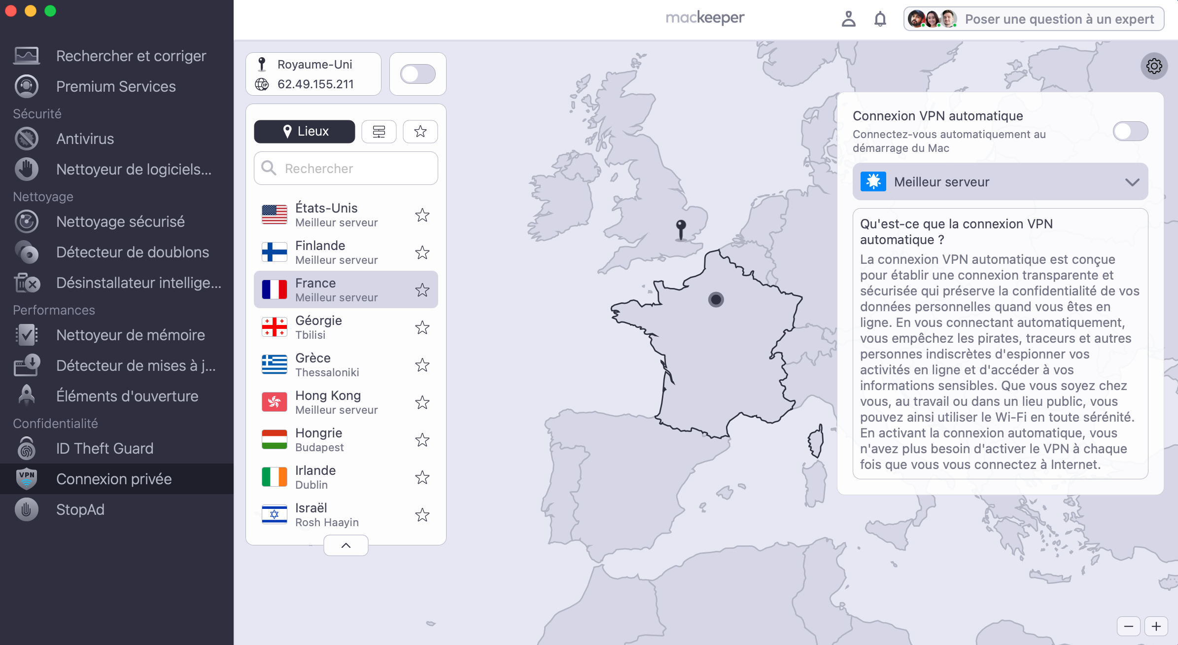 Pour protéger votre vie privée sur Internet, lancez MacKeeper et sélectionnez « Connexion privée » dans la section « Confidentialité ». Choisissez l'emplacement et cliquez sur « Activer ».
