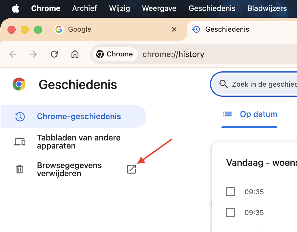 Google Chrome op de Mac toont het gedeelte Geschiedenis. Klik op Browsegegevens wissen om alle Chrome-cachebestanden te verwijderen.