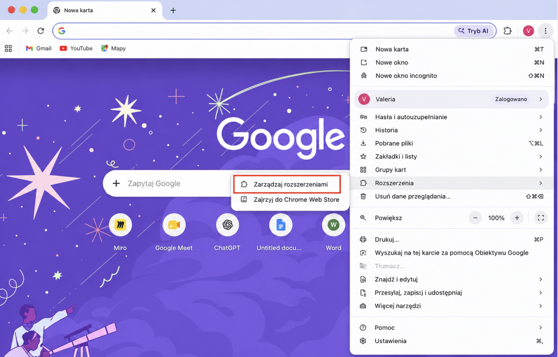 W Google Chrome na Macu kliknij trzy kropki w prawym górnym rogu, a następnie wybierz Rozszerzenia > Zarządzaj rozszerzeniami