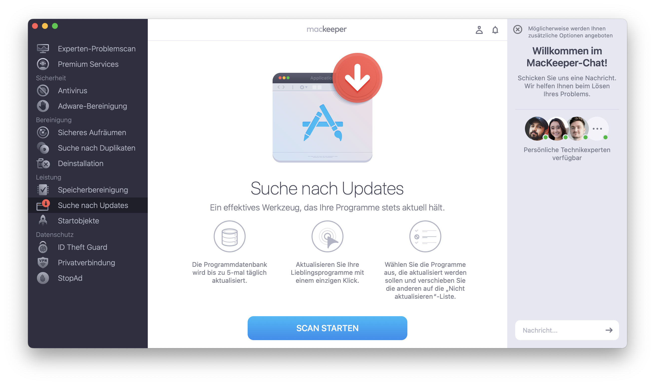 Im Fenster von Suche nach Updates, das links in der Benutzeroberfläche der MacKeeper-App geöffnet wird, finden Sie unten in der Mitte die Option Suche nach Updates.