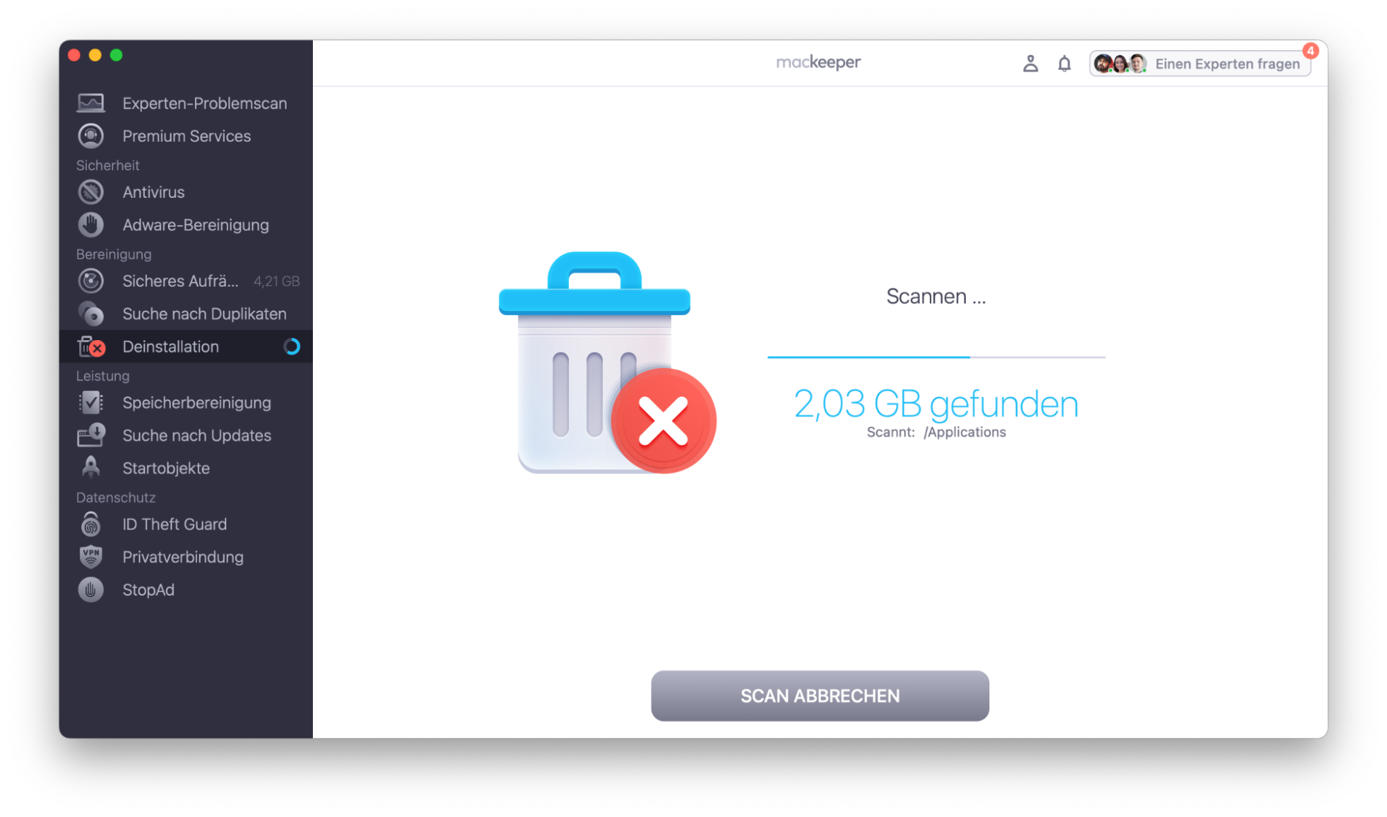 Das intelligente Deinstallationsprogramm von MacKeeper scannt Ihren Mac.