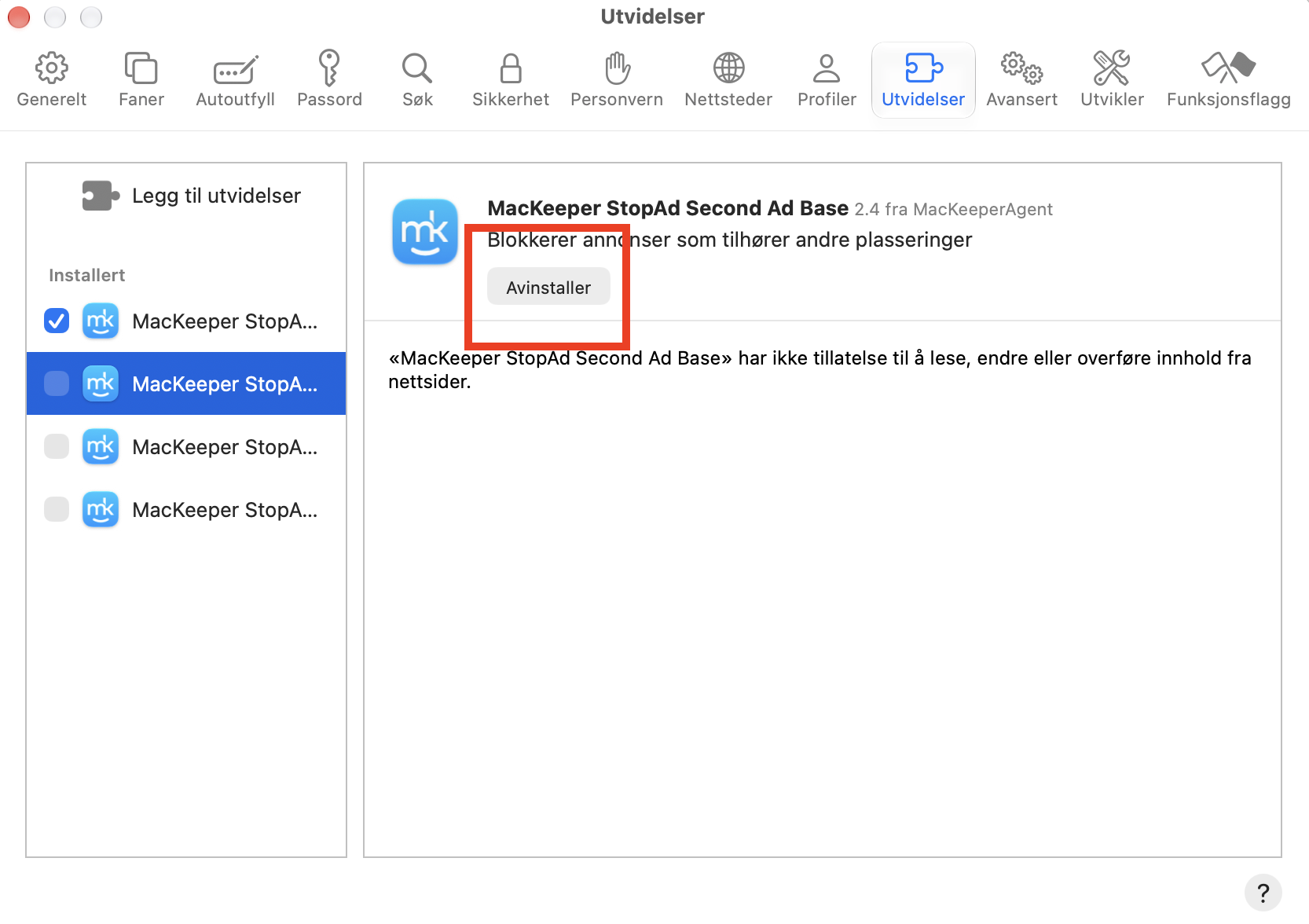 I Safari-innstillingene kan du bla gjennom installerte utvidelser og deretter fjerne dem. Se etter alt som kan være skadelig programvare.