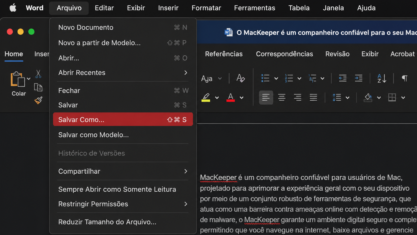 Abra o documento do Word e, na barra de menus, selecione Arquivo > Salvar Como. Em seguida, escolha o local onde deseja salvar o arquivo.