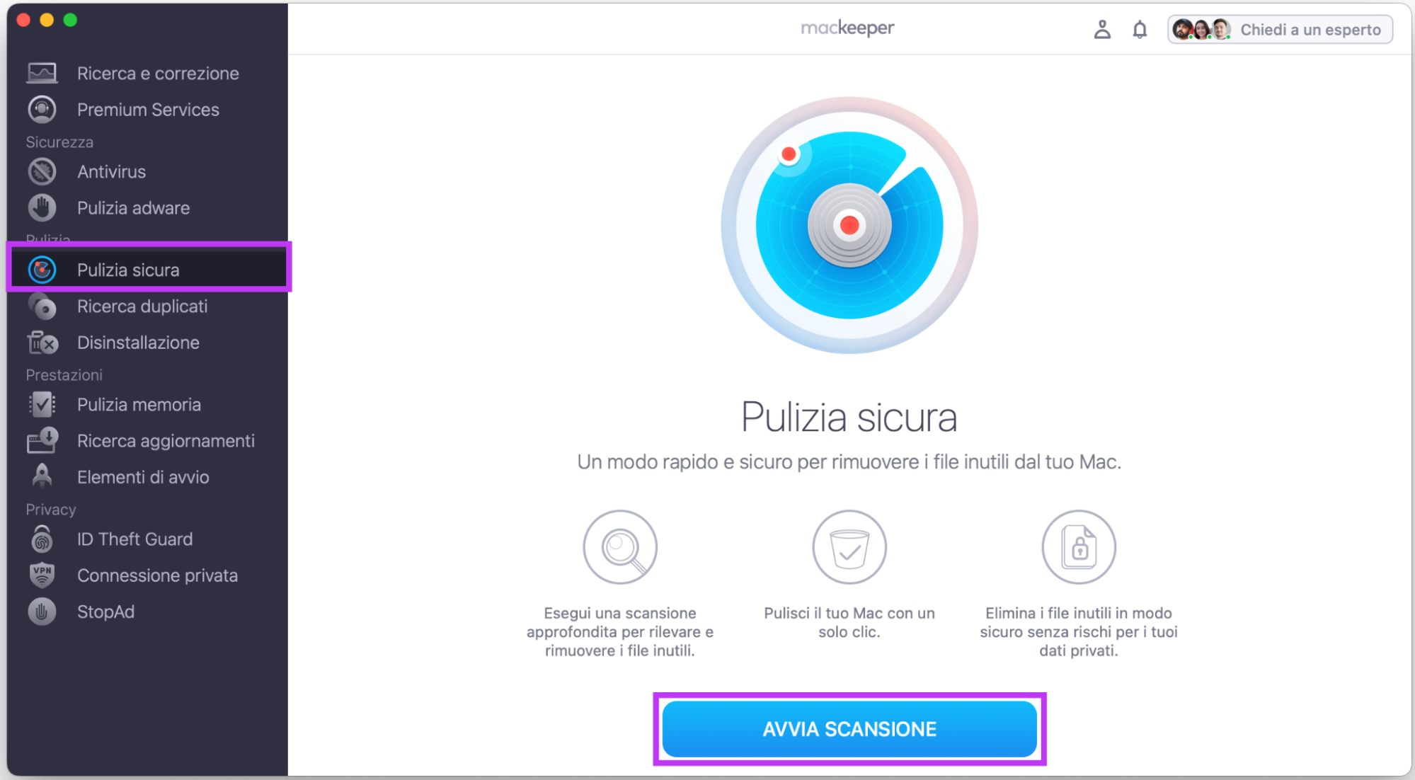 Puoi risolvere i problemi di Bluetooth rimuovendo i file inutili dal Mac con MacKeeper. Scarica MacKeeper, seleziona Pulizia Sicura nella barra laterale e fai clic su Avvia scansione. Attendi qualche istante mentre MacKeeper esegue una scansione approfondita del Mac.