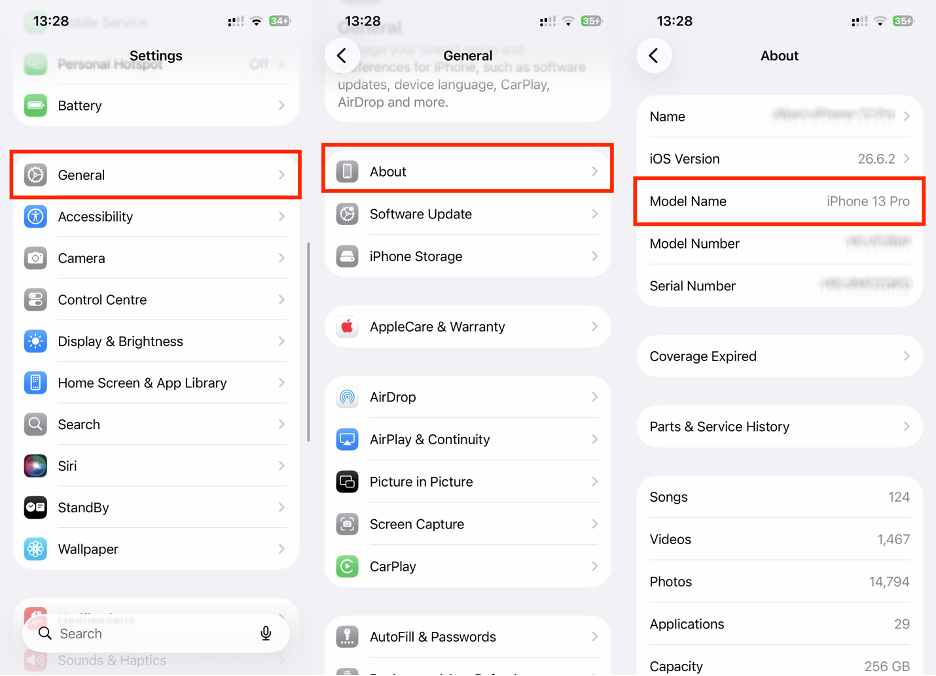 To check your iPhone model before you use iPhone Mirroring on Mac, go to Settings, select General, then tap About, and finally check the Model Name box.