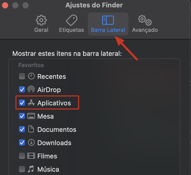 Aba Barra Lateral nos ajustes do Finder. Marque a opção Aplicativos para que a pasta volte a ser exibida na barra lateral do Finder.