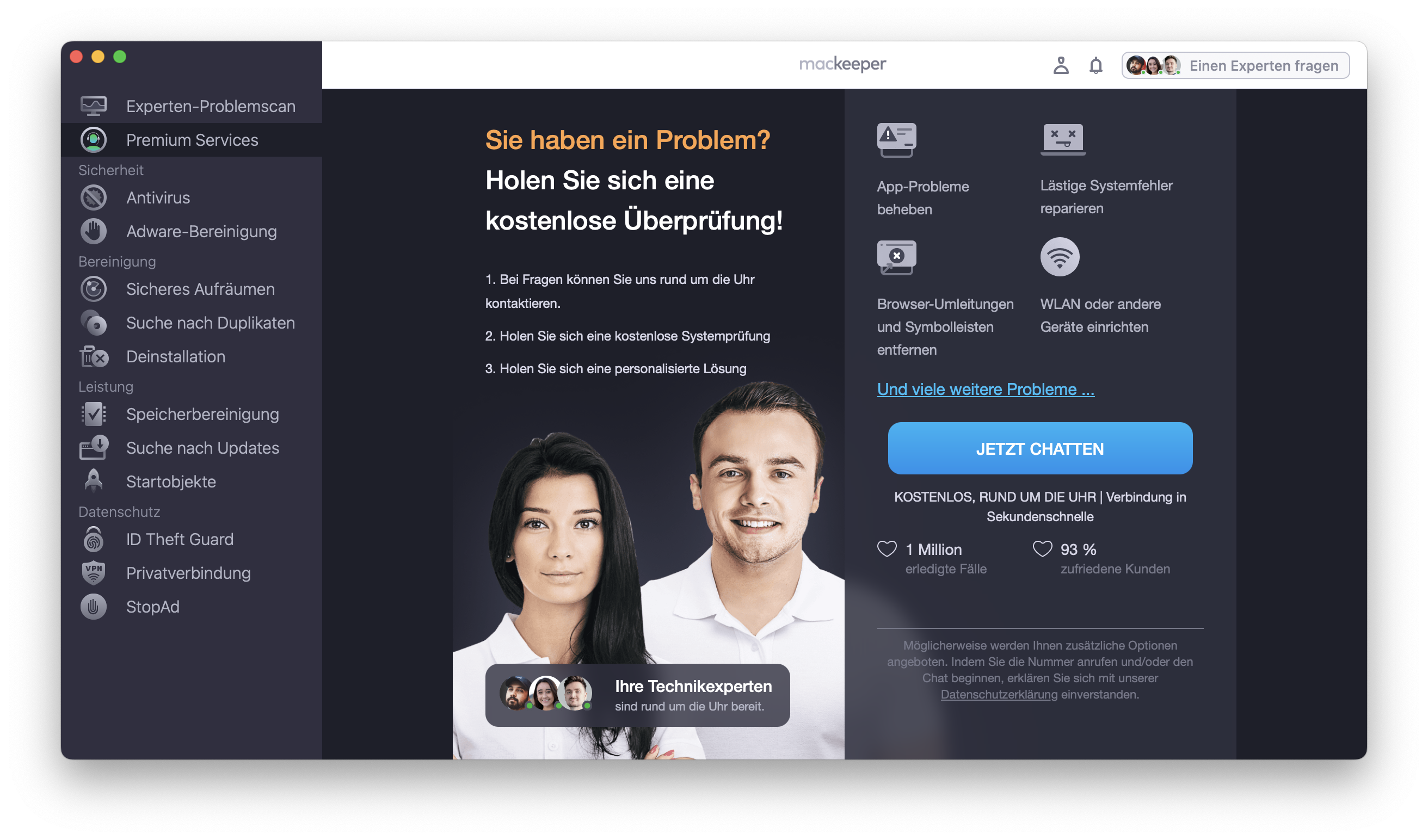 Um zu erfahren, wie Sie Ihren Bildschirm auf einem Mac freigeben, wenden Sie sich an unsere Technik-Experten. Starten Sie MaKeeper und wählen Sie im linken Bereich Premium Services aus. Klicken Sie auf Jetzt chatten, um das Chat-Fenster zu öffnen.