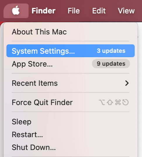 To check for macOS updates, go to the Apple logo in the menu bar, then select System Settings.