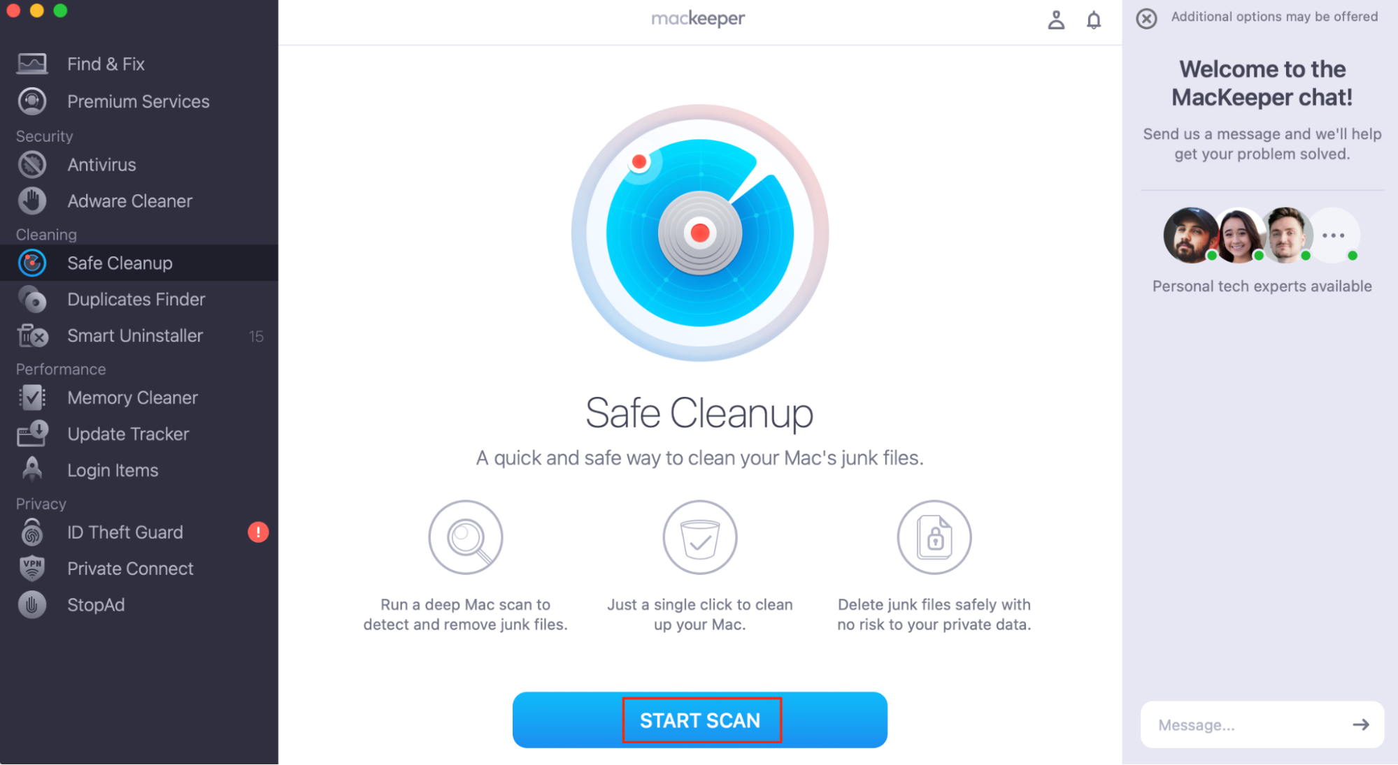 MacKeeper’s Safe Cleanup screen, with Start Scan highlighted. Part of a guide on how to find the size of your app cache. How to find app cache on Mac.