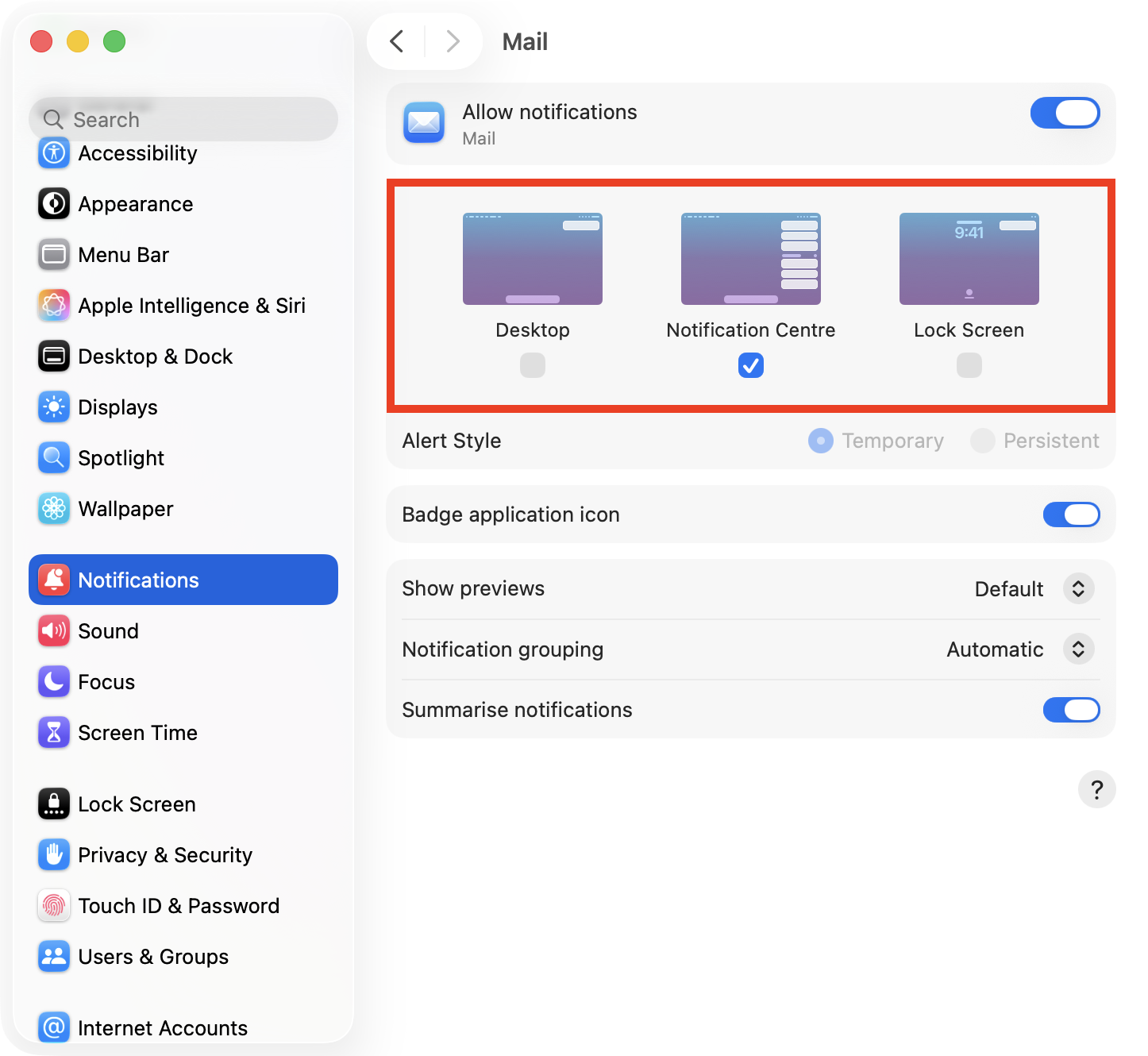 The notification options for an app inside System Settings on Mac. When you want to silence notifications on Mac and have them delivered quietly, choose the Notification Center option but turn off Desktop and Lock Screen.