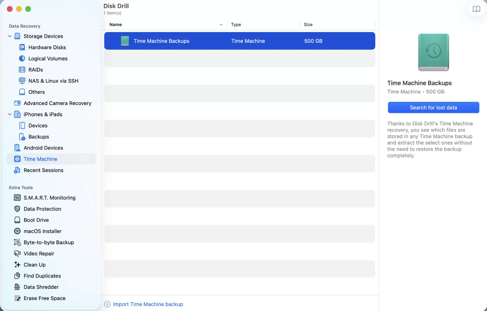 To restore lost SD content using the Time Machine backup tool, you’ll first need to open the folder with your missing content. With Time Machine backups open, click on Search for lost data.