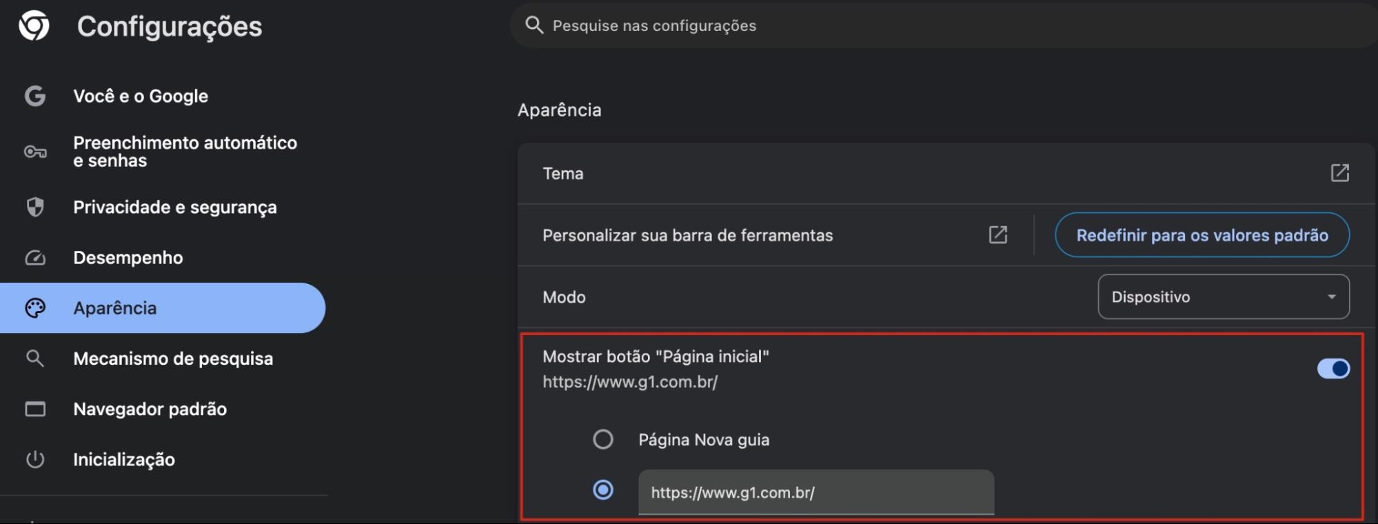 Nas Configurações do Chrome, selecione Aparência no menu à esquerda. Em seguida, em Mostrar botão Página inicial, verifique se a página inicial desejada está escrita na caixa.