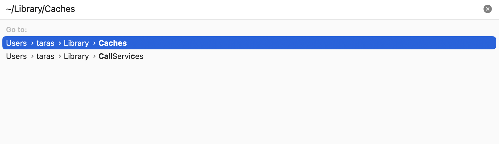 In the Go to Folder window, type ~/Library/Caches and press Return to open the system cache directory that stores temporary files on your Mac.