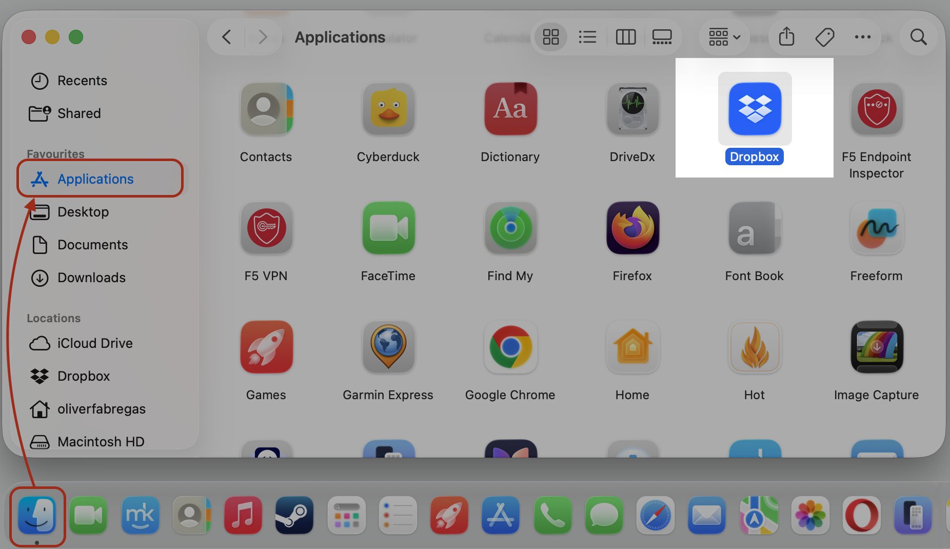 Finder Applications folder on an Apple computer with the Dropbox app highlighted to relaunch it and restore the missing menu bar icon.