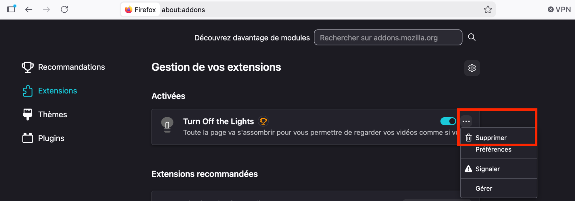 Écran des extensions de Firefox, avec le menu ouvert sur une extension. Comment supprimer des extensions : guide pour bloquer les fausses alertes McAfee sur Mac.
