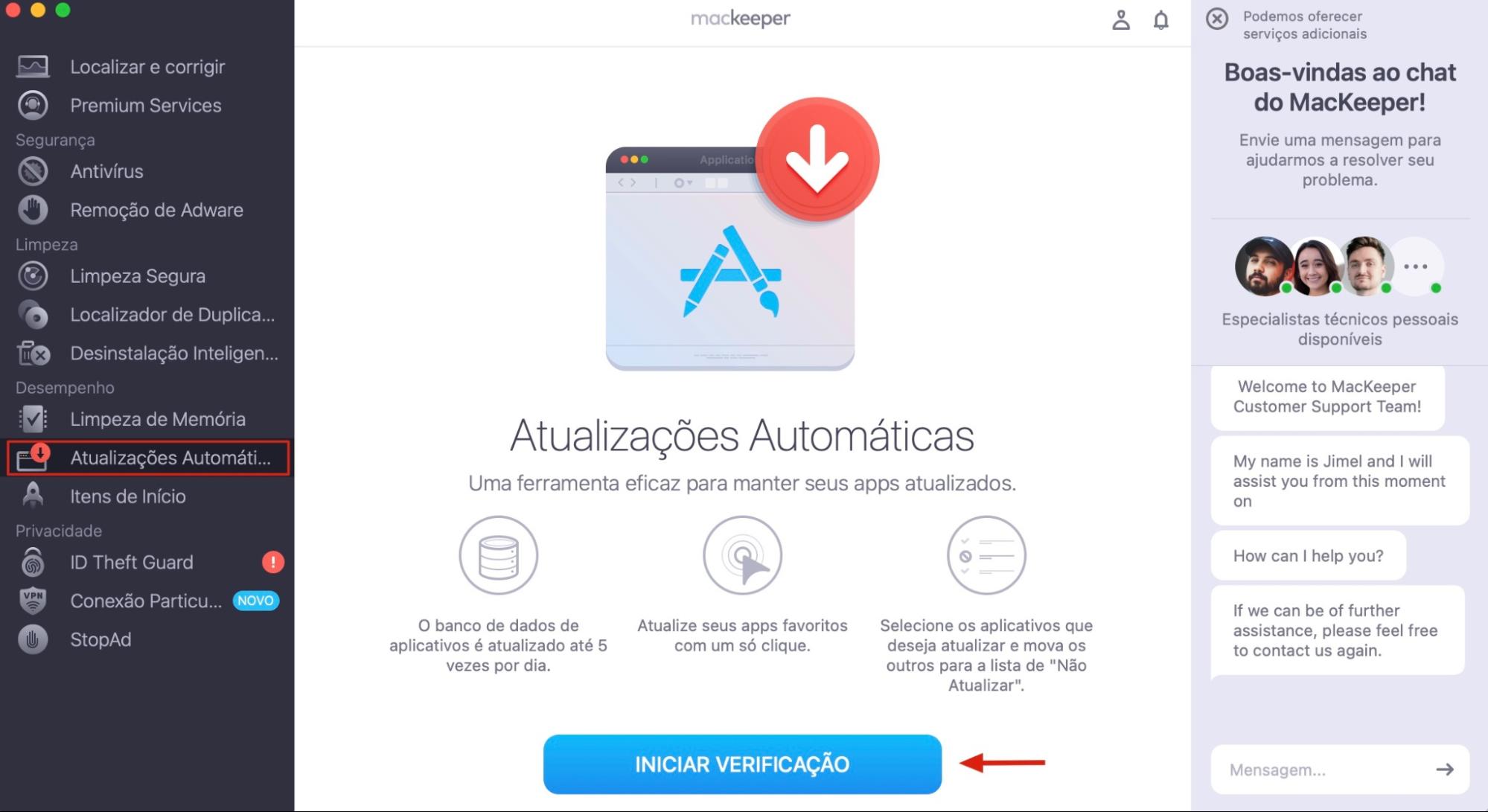 Aplicativo MacKeeper aberto em um MacBook. Captura de tela do painel do MacKeeper que mostra como verificar atualizações de aplicativos em um Mac usando o MacKeeper durante a solução de problemas de alto uso de memória do WindowServer.