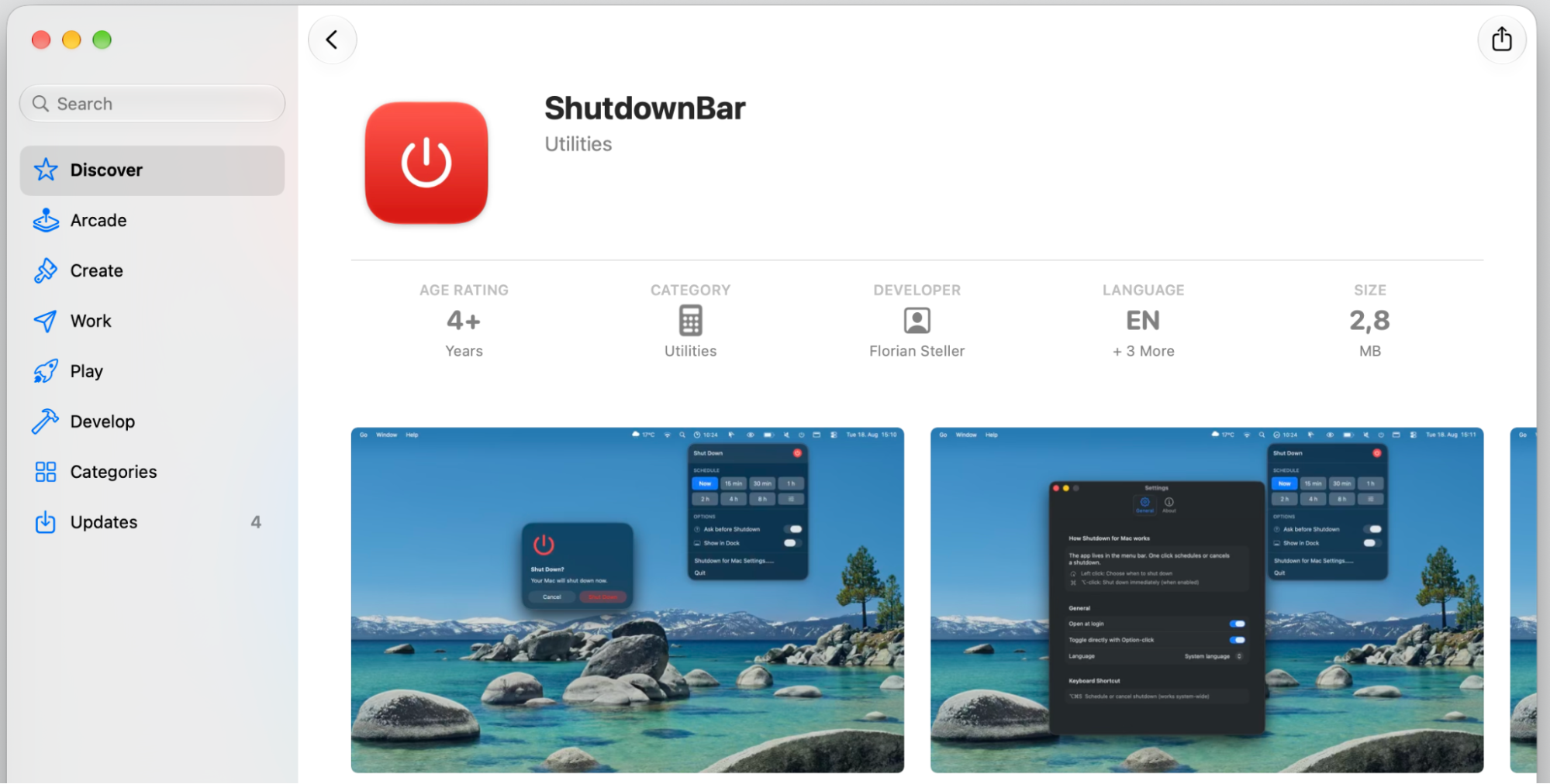 Mac App Store page for the ShutdownBar shutdown timer app on a MacBook, showing its Utilities listing and screenshots before downloading.