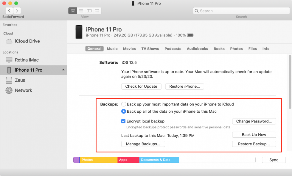 After establishing a trust link between your iPhone and macOS Catalina, select your iPhone in the Finder sidebar, choose the General option, review the Backups section, and select Back up all of the data on your iPhone to this Mac.