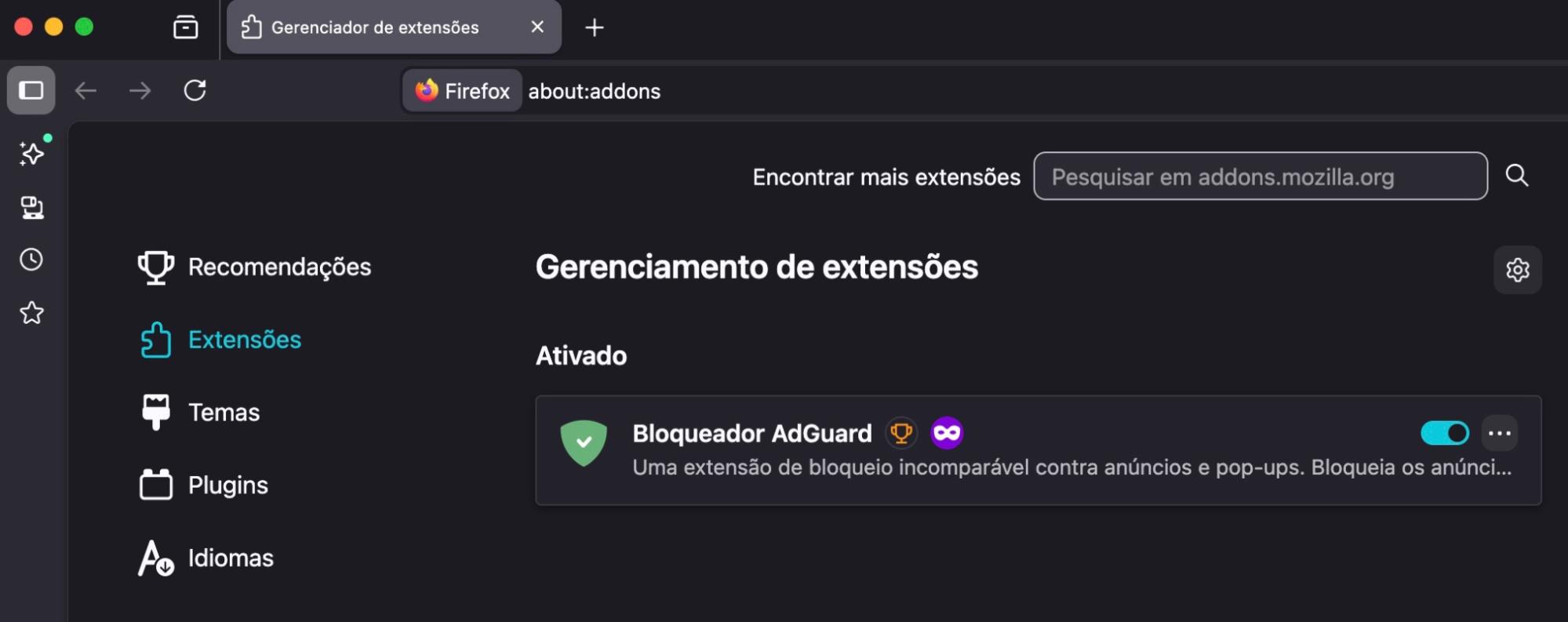Você pode ver Recomendações, Temas, Plugins e Extensões no seu Firefox. Escolha a seção Extensões e encontre a que deseja excluir.