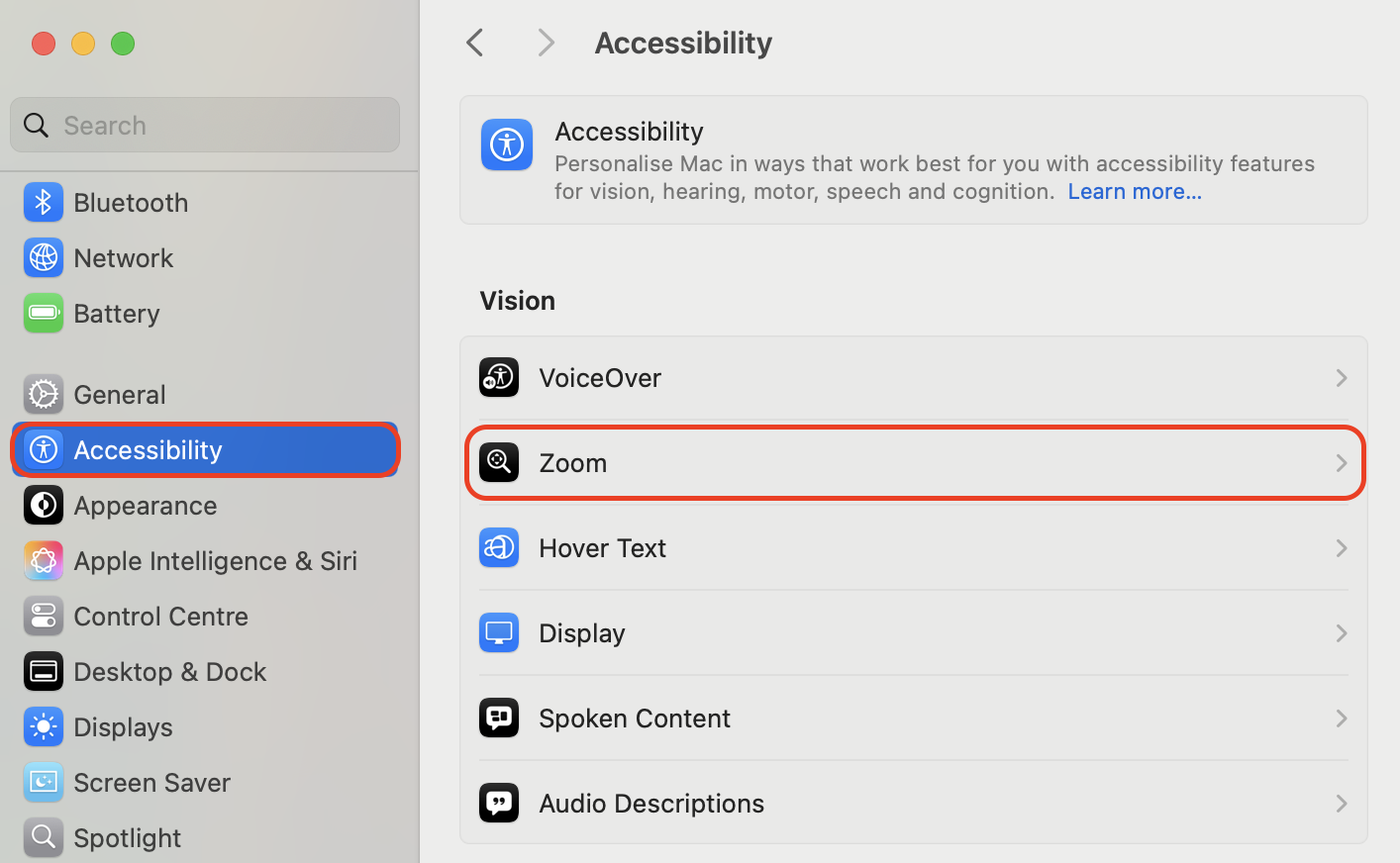 Open System Settings and click on Accessibility followed by Zoom to manually adjust your screen magnification preferences and disable shortcuts.