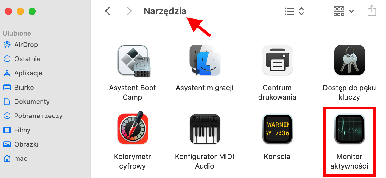 Ikona Monitora aktywności w folderze Narzędzia w Finderze na Macu. Skorzystaj z Monitora aktywności, aby znaleźć podejrzane procesy, jeśli chcesz wiedzieć, jak sprawdzić malware na Macu.