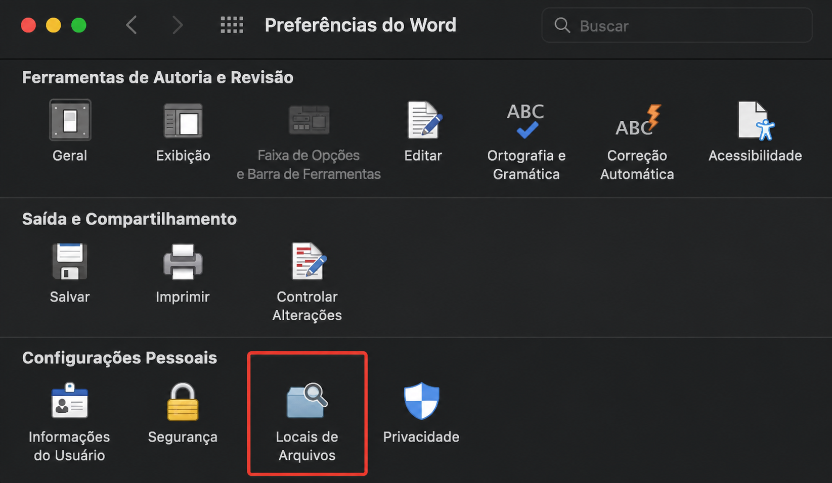 Você verá diversas áreas nas quais pode editar as configurações do Word. Clique em 'Locais de Arquivos', em 'Configurações Pessoais'.