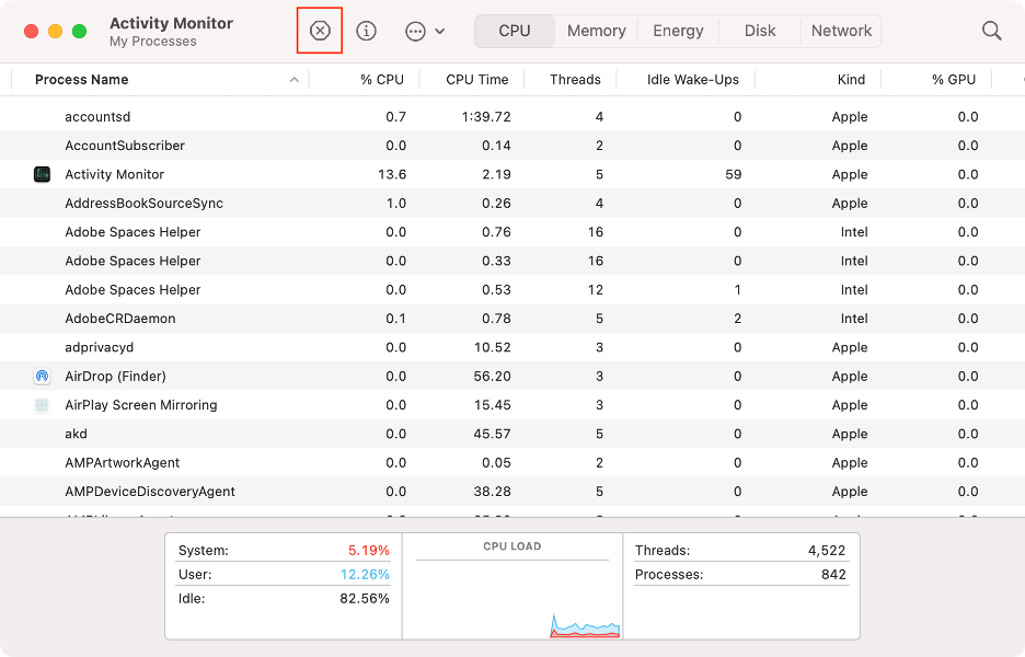 To delete Soundflower leftover files from a Mac, end any Soundflower processes currently running on your device using Activity Monitor.