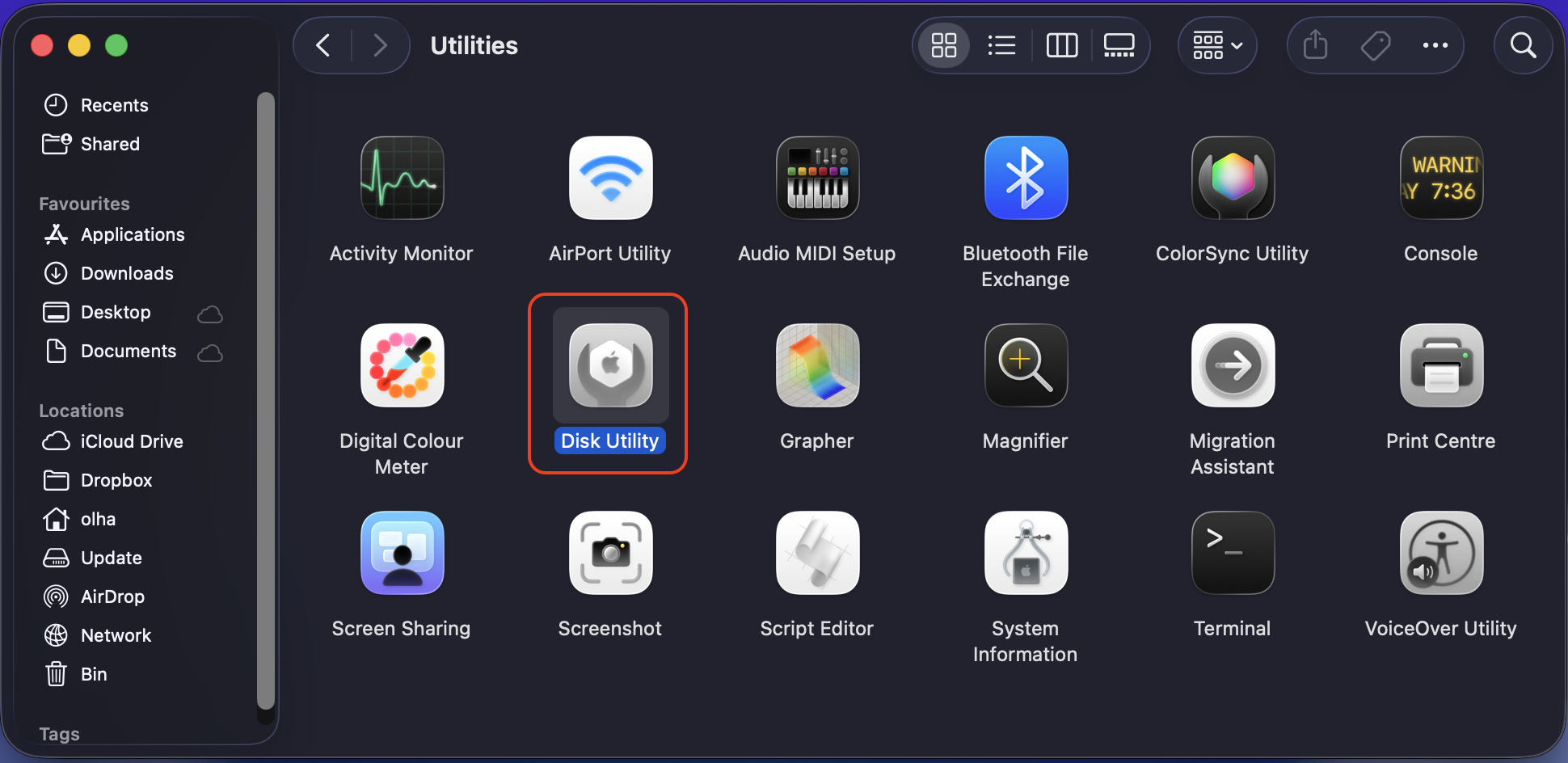 In the Utilities folder on your MacBook, find the Disk Utility app and open it to proceed further with disk backup.