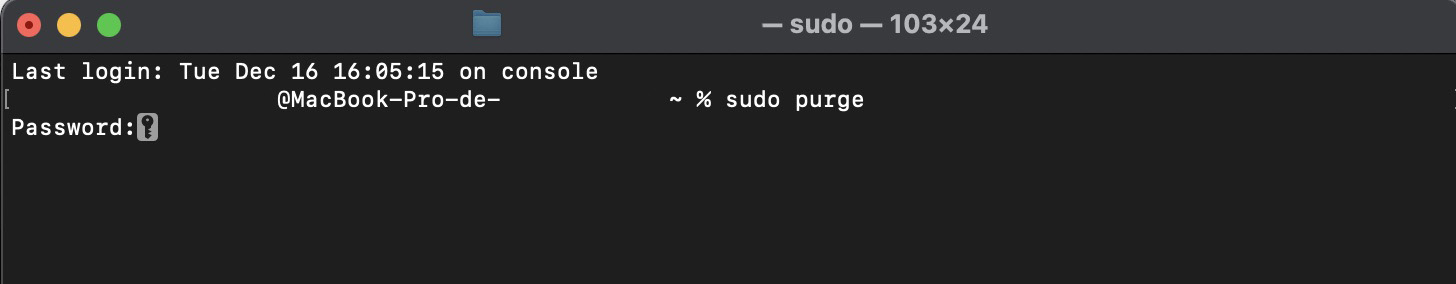 Para reduzir a RAM no Mac, digite sudo purge no Terminal. Depois disso, pressione a tecla Enter. Em seguida, digite sua senha quando for solicitado.