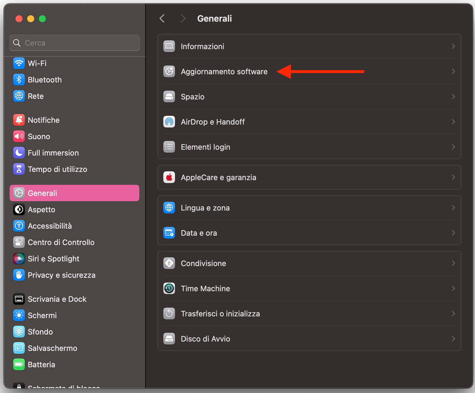 Per verificare se il sistema macOS necessita di un aggiornamento, apri le Impostazioni di sistema e vai su Generali. Da qui potrai accedere alla sezione Aggiornamento software.