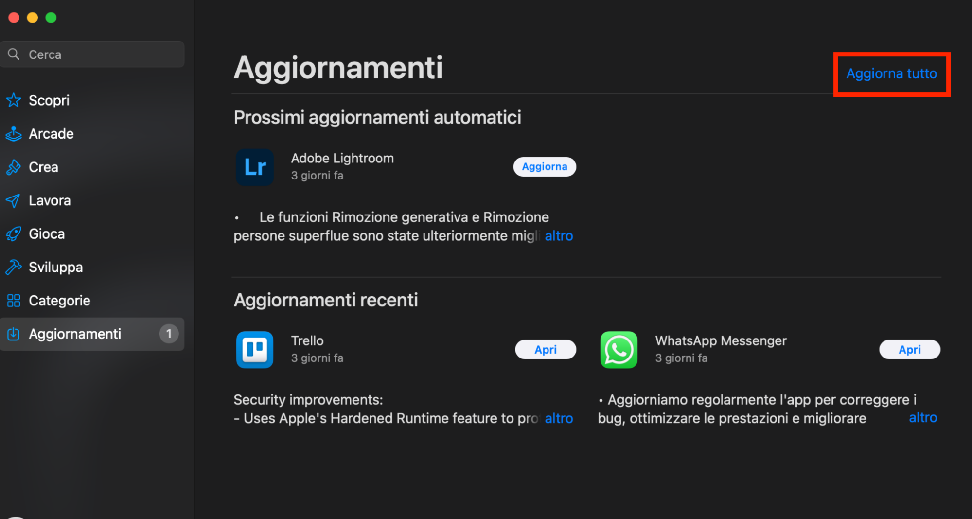 Il menu Aggiornamenti all'interno dell'App Store su Mac. Se uno dei tuoi programmi sta causando il surriscaldamento del Mac, prova ad aggiornarlo qui per risolvere potenziali problemi di prestazioni.