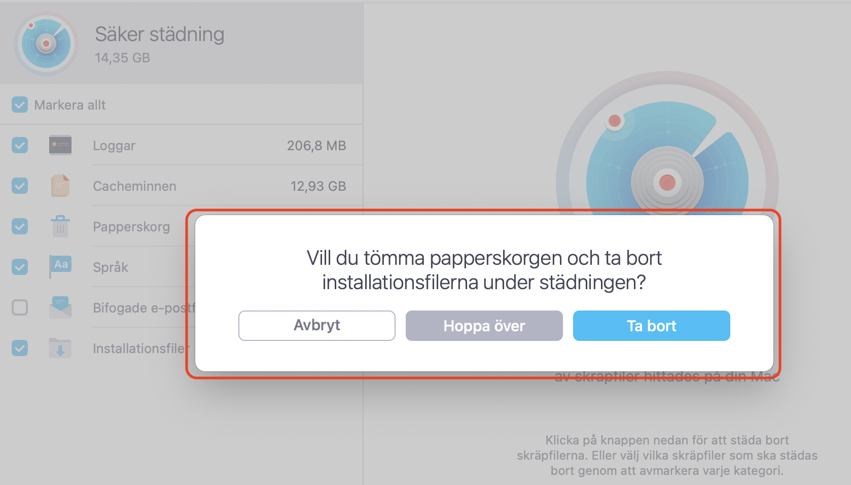 MacKeeper låter dig även tömma papperskorgen samtidigt som du använder Säker städning. Du behöver inte göra det, så välj det alternativ som passar dina behov bäst.