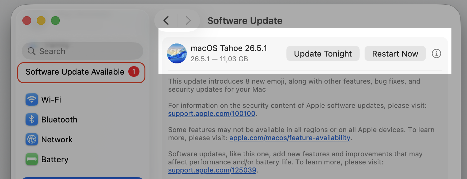 System Settings Software Update pane on macOS Tahoe 26.5.1 with the pending update ready to install on an Apple computer.