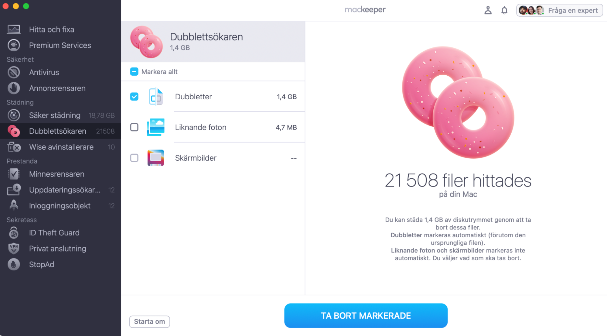 Se skanningsresultatet från Dubblettsökaren i MacKeeper, markera de dubblettfiler du inte längre behöver och klicka på Ta bort markerade. Bekräfta ditt val genom att klicka på Ta bort om du blir tillfrågad.